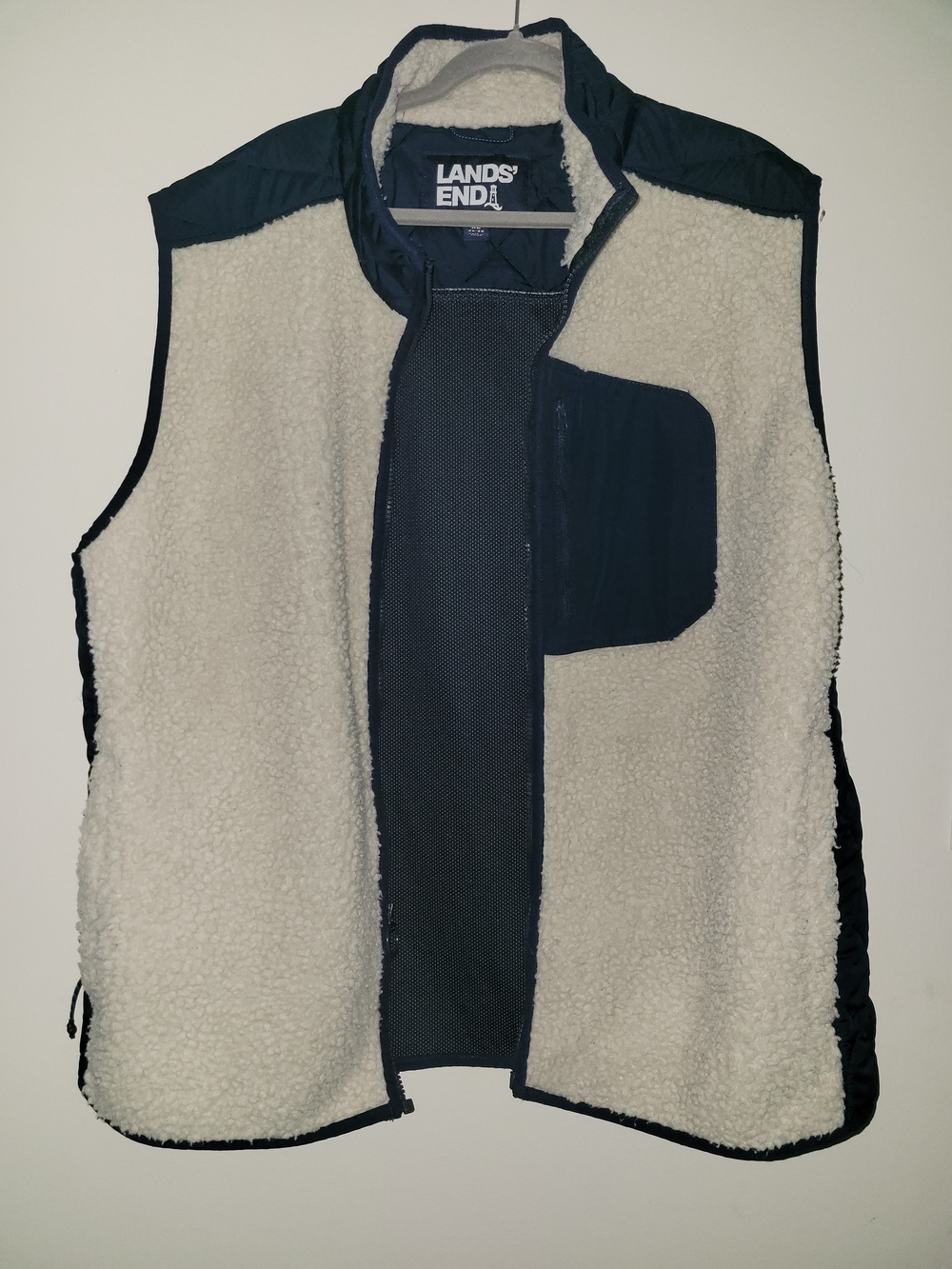Lands' End Ivory Sherpa Vest with Navy Trim